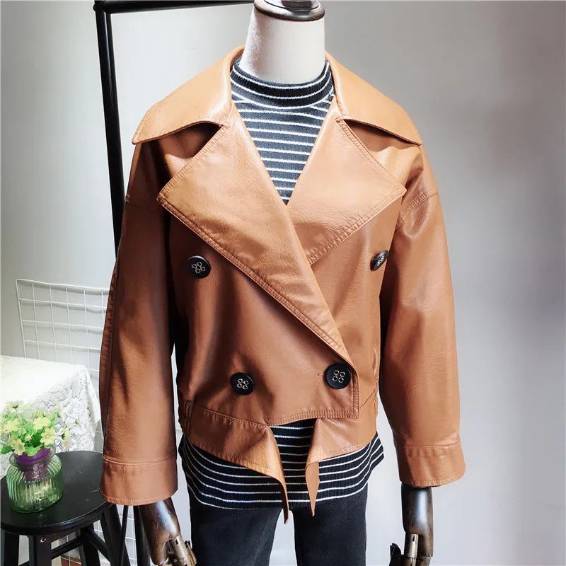 Женская кожаная куртка с отложным воротником простая Свободная рукавами летучая