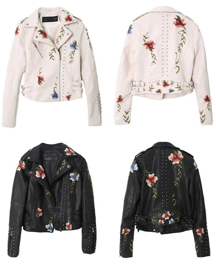 

Embroidery Flowers Pu Leather Jacket Women Spring Autumn Turn-down Collar Rivet Zipper Black Biker Ladies Leather Coat Tops