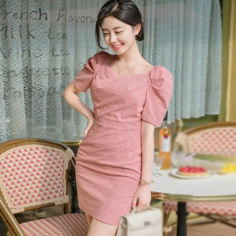

Sexy Dress Temperament v-Neck Dresses Puff Sleeve Plaid Slimming Buttocks Summer New Vestido De Mujer Vestidos Vintages