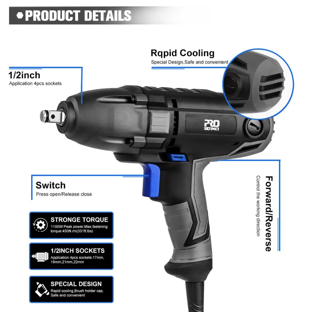 PROSTORMER-llave de impacto eléctrica llave de aire, 1/2 pulgadas, 1100W, 450N.m, 230V, herramienta de reparación de automóviles, 4 enchufes de 3400RPM