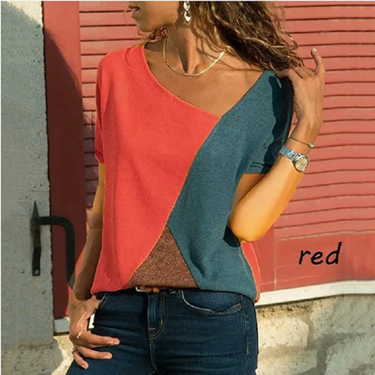 

Women's Summer Short Sleeve Casual Color Contrast Stitching T- Shirt Irregular Slant Collar Women's Loose Tops Plus Size