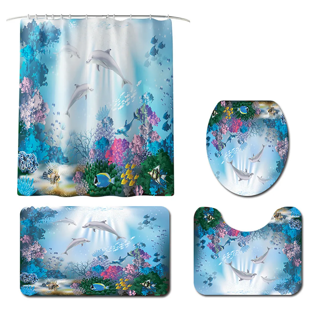 4Pcs Set Bathroom Non Slip Toilet Polyester Cover Mat Set Bathroom Shower Curtain Mat Set For Bathroom Decor Bathroom Curtains