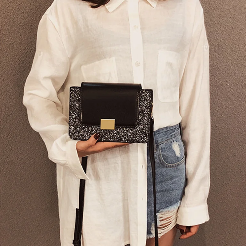 New Fashion Sequins Leather Lock Small Square Bag Wild Shoulder Messenger | Багаж и сумки