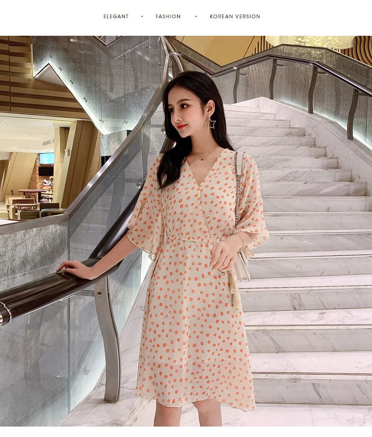 

2020 summer new style retro first love orange flower collection waist very fairy small French floral chiffon dress