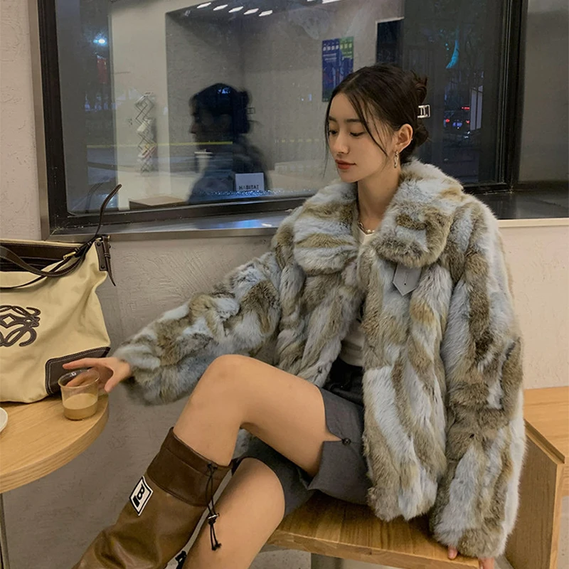 Winter Fashion Warm Super Soft Real Natural Rabbit Fur Collar Jacket Coat Rabbit Fur Outerwear Overcoat