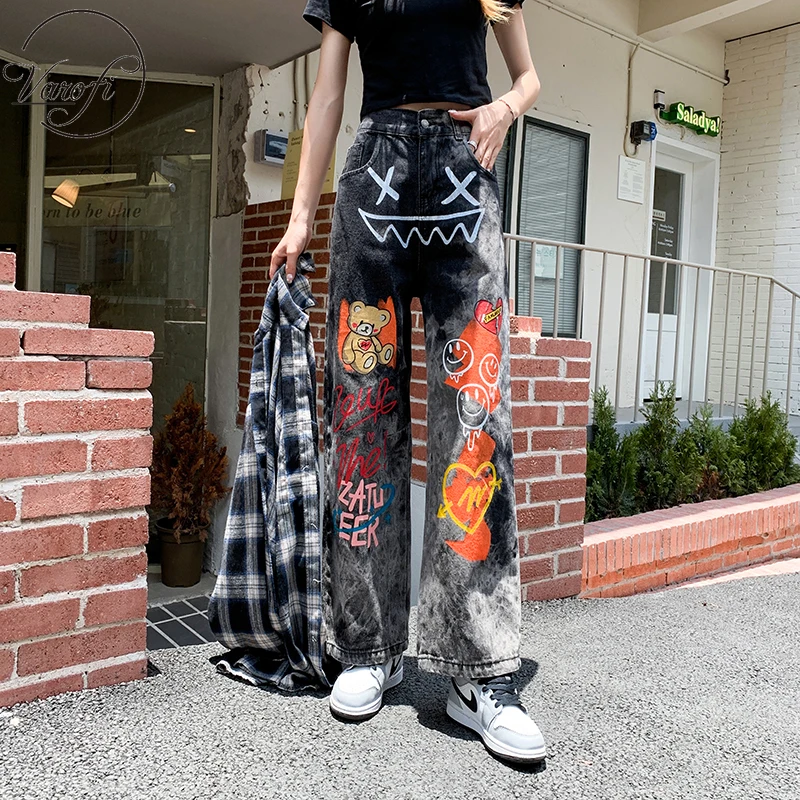 

Varofi Plus size high Street Doodle Dad jeans ladies loose high waist straight leg pants wide leg pants y2k jeans black jeans