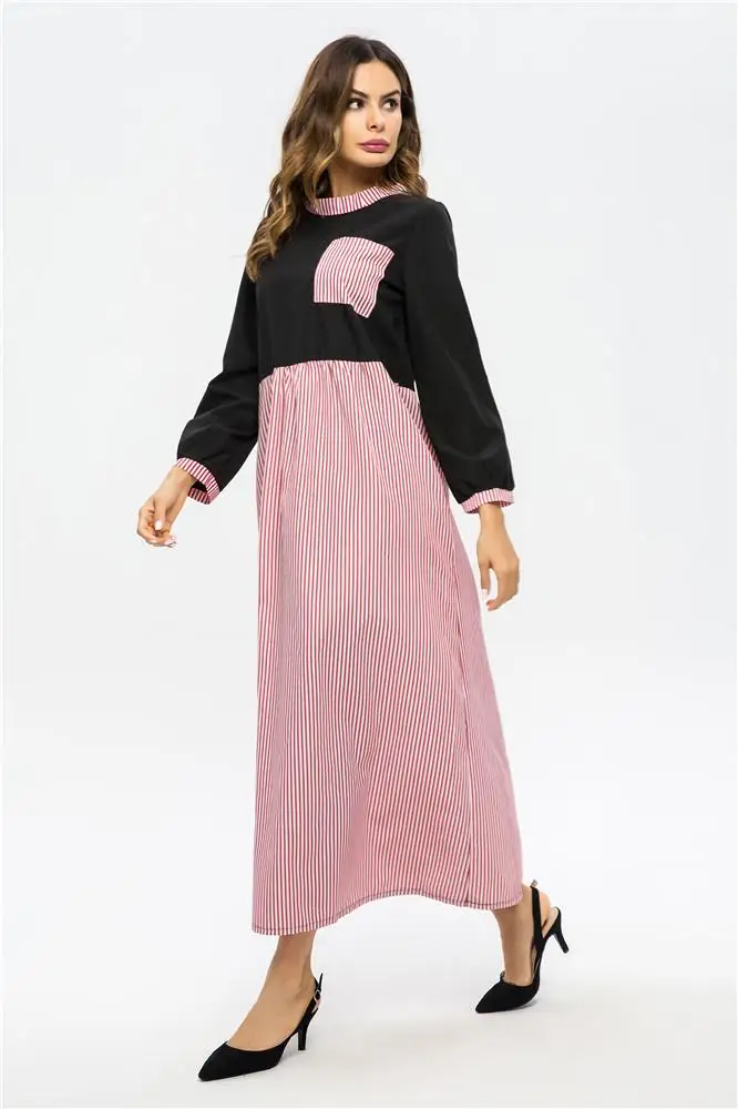 Женское Макси платье в полоску Abaya повседневное длинное мусульманское вечернее