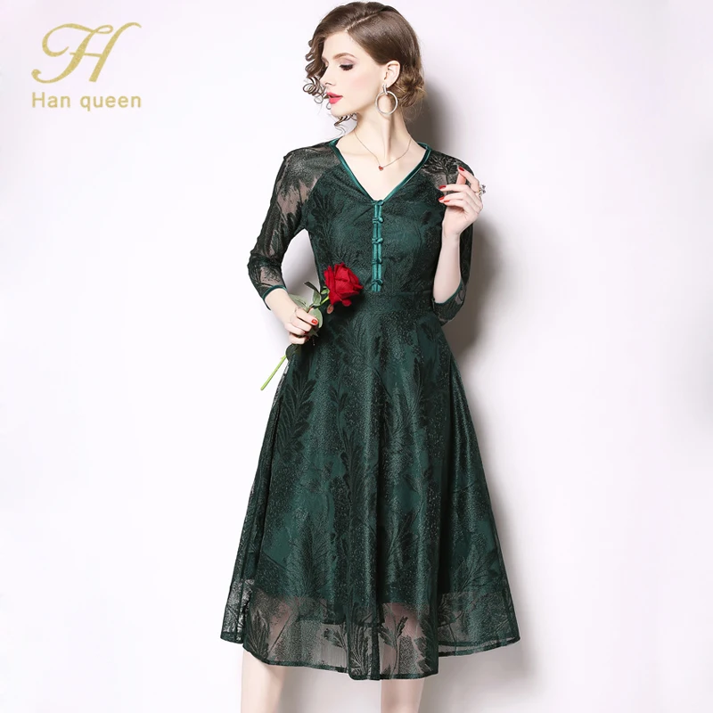 H han queen Новое Осеннее Открытое платье Vestidos элегантное офисное женское платье Сексуальное Тонкое Платье с v-образным вырезом для работы деловые повседневные кружевные платья