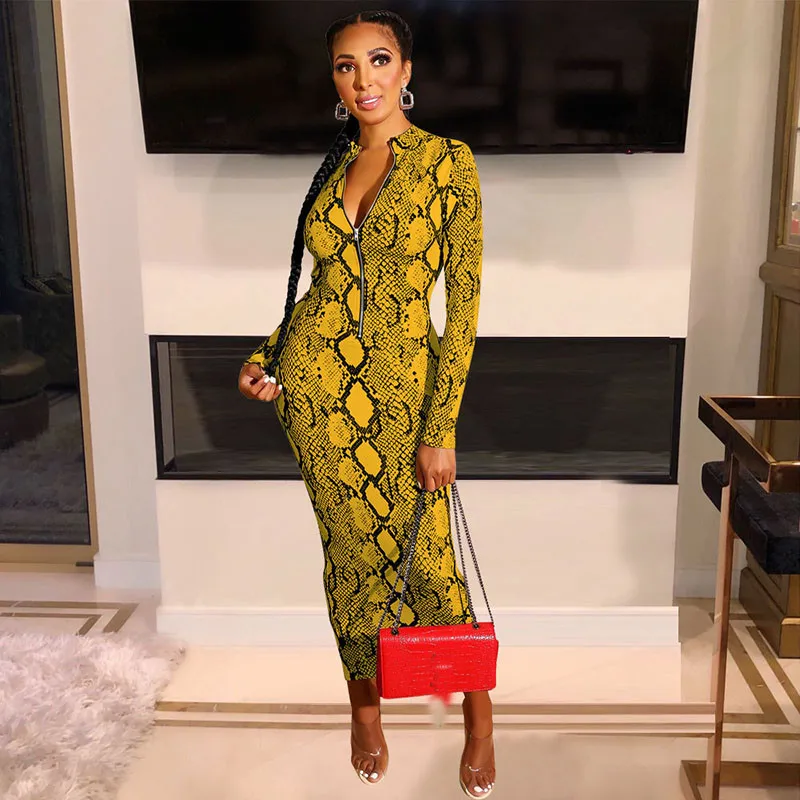 

Women Snakeskin Print Bodycon Maxi Dress Sexy Zipper Stand Collar Sheath Elegant Club Night Party Bandage Long Dresses Vestidos
