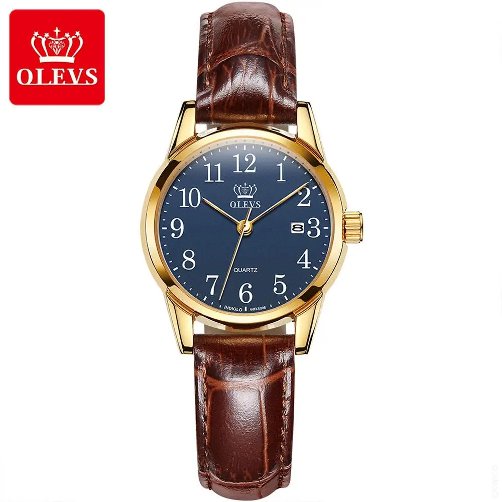 Enlarge OLEVS Womens Quartz Watch Top Brand Fashion Watches Casual Luxury Dress Genuine Brown Leather Waterproof Wristwatch for Lady