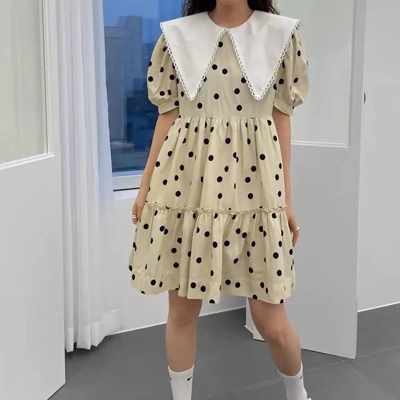 

HziriP Vintage Summer Puff Sleeve 2021 Ladies Turn-Down Collar Dot Loose Gentle Cute Hot Fashion All-Match Short-Sleeved Dress