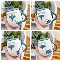450ml breakfast home office coffee cup cartoon 3d relief blue elephant ceramic mugs drink yogurt cups luxury tea cups set