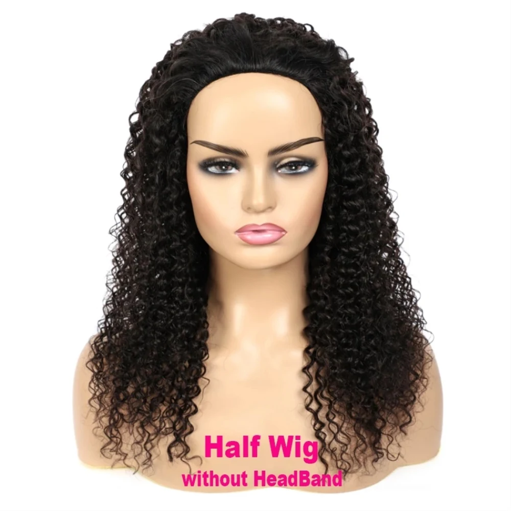 Kinky Curly Headband Wig Human Hair Glueless 3/4 Half Wig for Black Women Malaysian Jerry Curl Human Hair Wig with Ice Headband