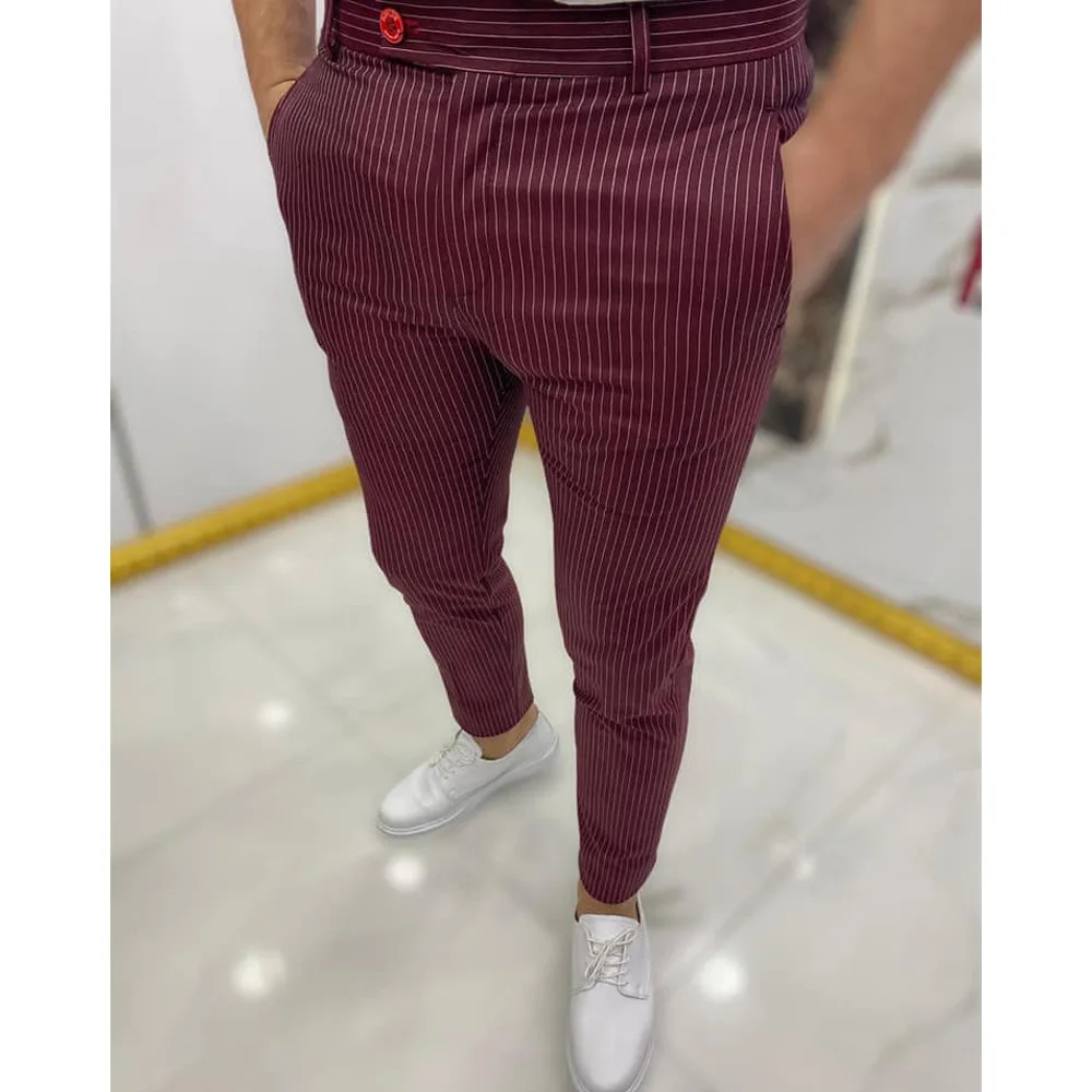 

New Striped Trousers For Men Fashion Men's Clothes Wine Red Stright Casual Pants Classic Retro Wedding Party Formal Suit Bottoms