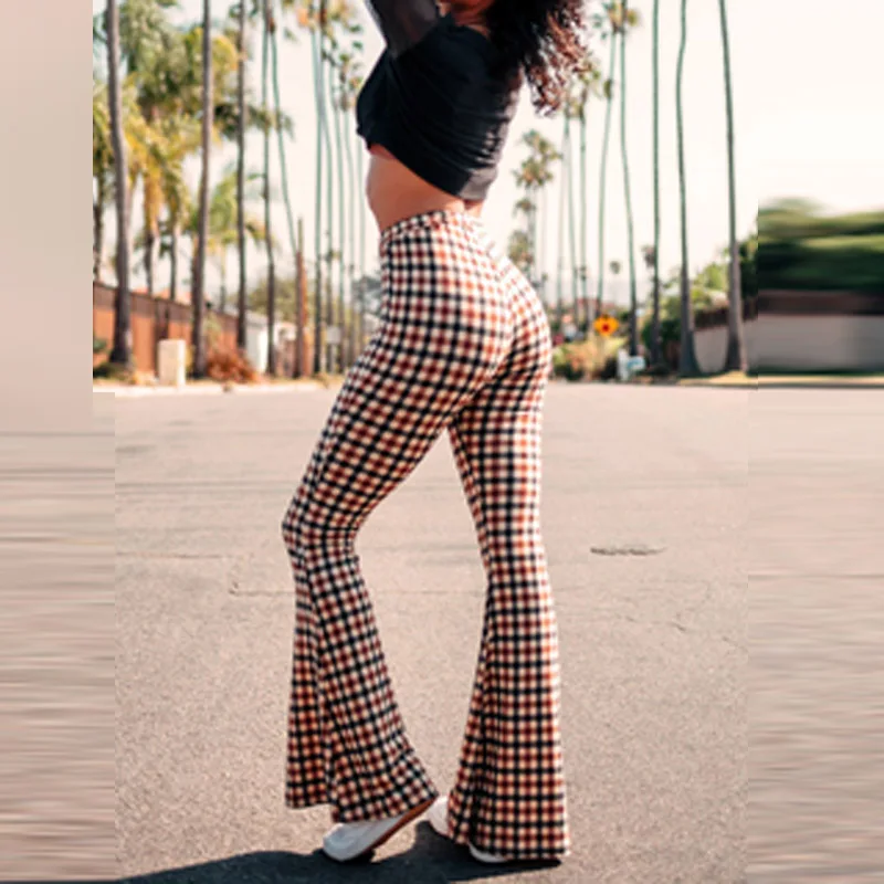 

Women Elegant Elastic Waist Skinny Trousers 2021 Spring Summer Plaid Print Flare Pants Sexy Bodycon Streetwear Female Sweatpants