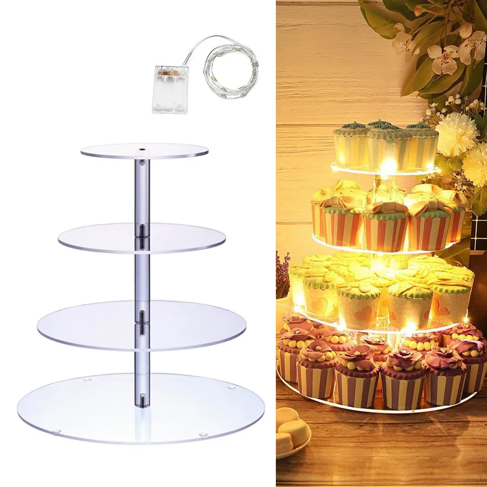 

4 Tier Cupcake Stand with Light String Acrylic Round Cupcake Tower Display Stand Cake Dessert Holder for Wedding Birthday Party