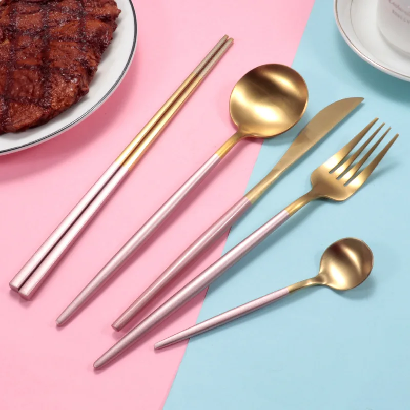 Нержавеющая сталь Золотой набор столовых приборов стейк Ножи вилка кофейная