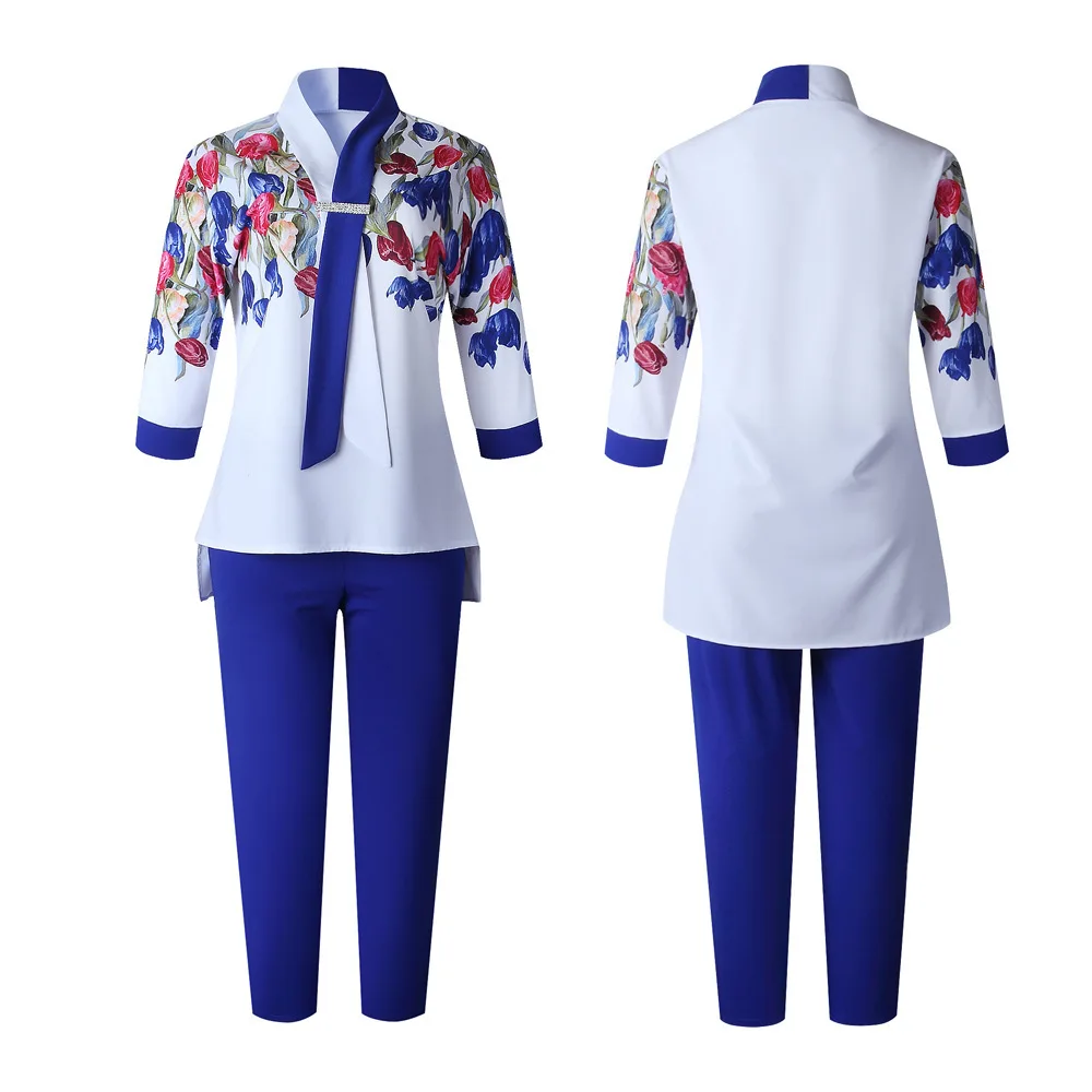 2 Piece Outfits for Women Pants and Top Flannel Print Long T-shirt with Elastic Fashion African Ladies' Suit Plus Size Set |