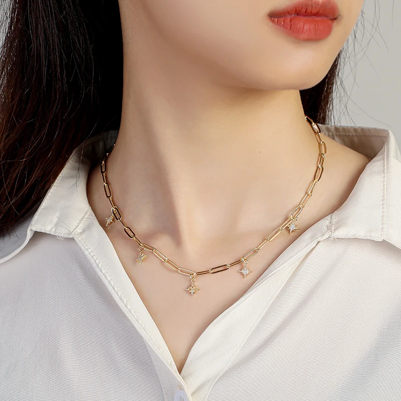 SIPENGJEL Fashion Inlaid Zircon Stars Pendant Necklace Geometric Link Chain Hip Hop For Women Girls Punk Jewelry 2021 | Украшения и