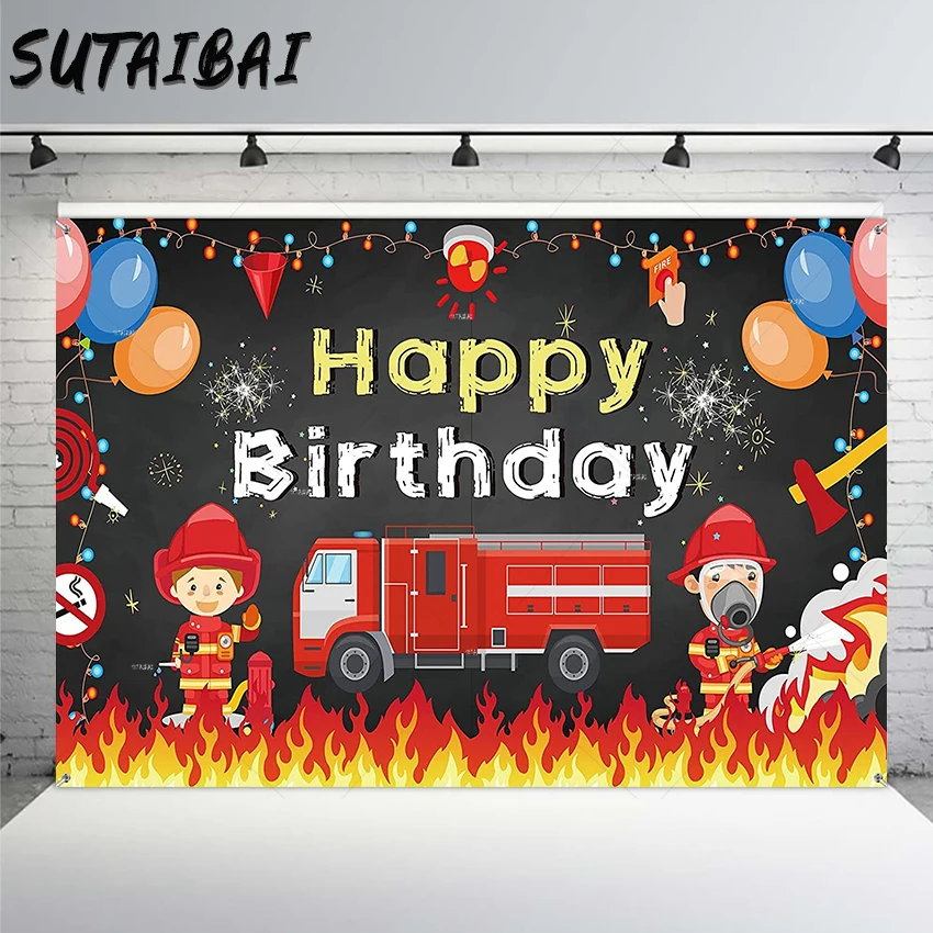 Red Firetruck Birthday Party Supplies Decorations Backdrop Background Banner for Boys Girls Fireman Firefighter Kids Photo Booth