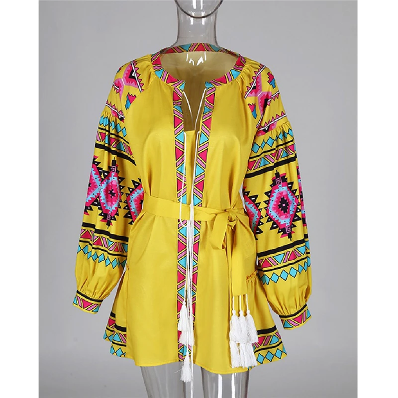 2019 Vintage Women Boho Floral Long Sleeve Short Dress Ladies V Neck Holiday Party Mini Tassels Lantern | Женская одежда