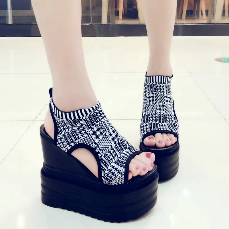 Летние модные женские босоножки Каблук 13 см Обувь на платформе Шикарные кожаные