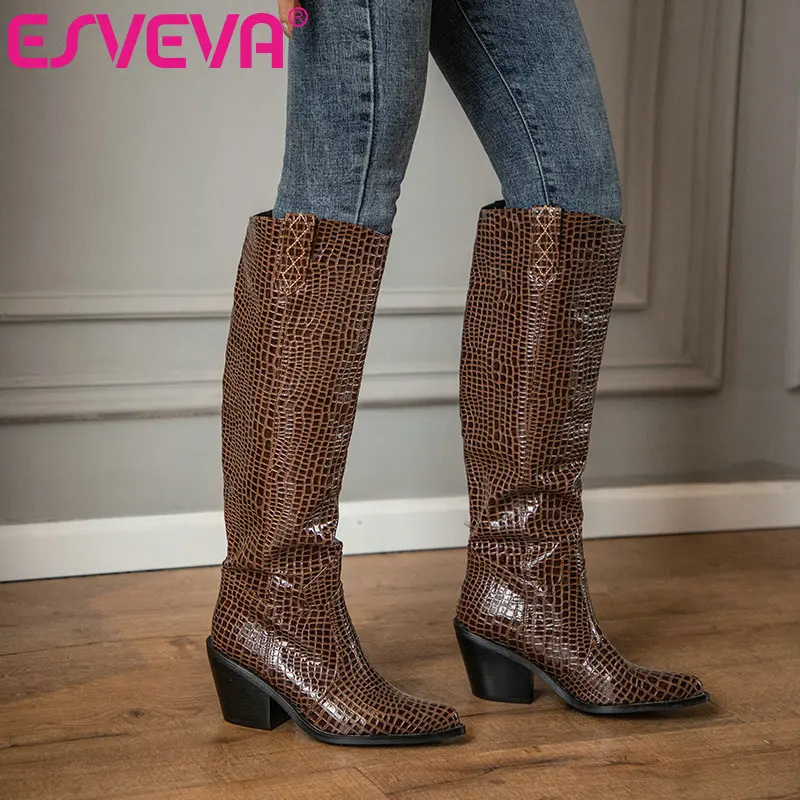 

ESVEVA 2021 Elegant Slip On Mid Calf Boots Women Boots Winter PU Leather Women Shoes Pointed Toe Fashion Boots Size 34-43