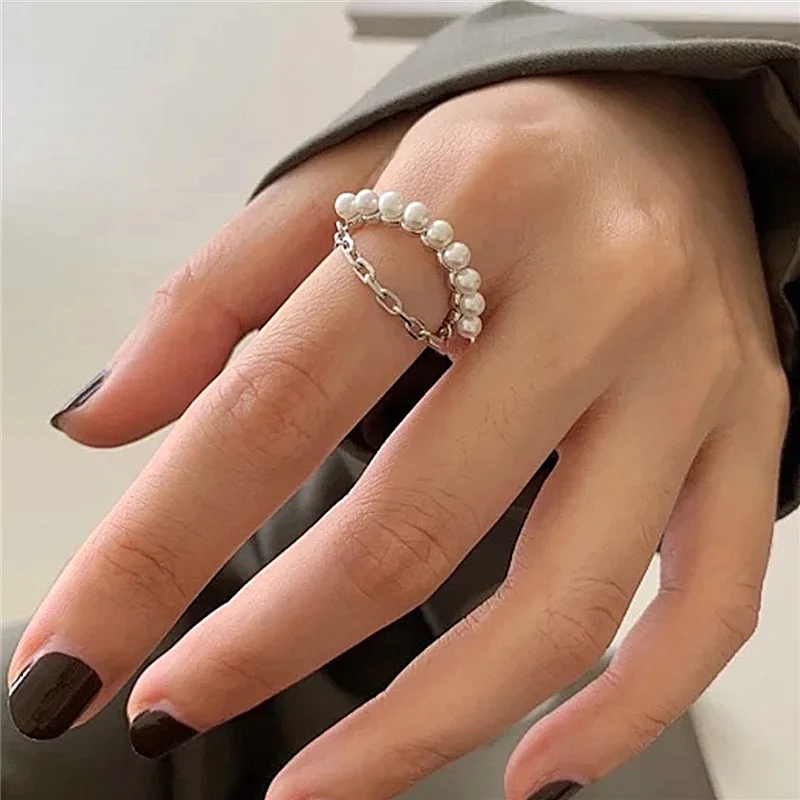 

Fashion Double Layers Chain Pearl Open Rings For Women Korean Style Delicate Simple New Ring Jewelry bijoux Wholesale