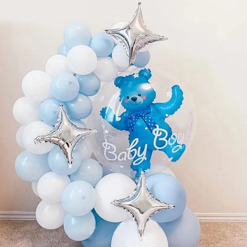 53pcs/set 4D Transparent Baby Boy Girl Blue Pink Bubble Balloon Bear Foil Balloons Kids Birthday Gender Reveal Baby Shower Decor