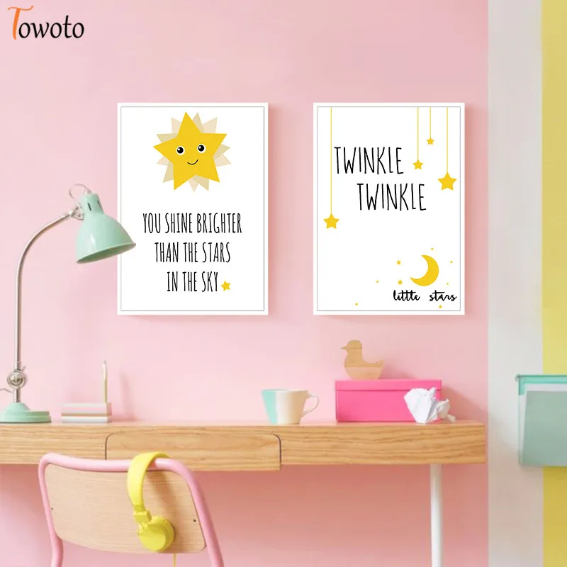 Желтая звезда Луна холст картина Детская комната настенное искусство для