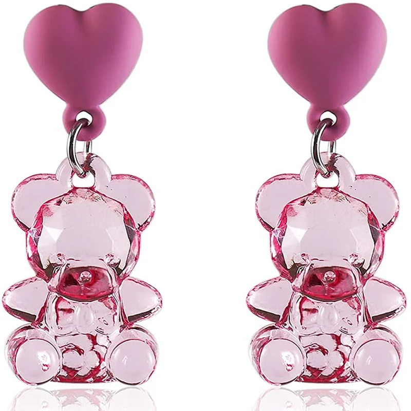 

2pcs Heart Charm Candy Colors Sweet Earrings Cute Animal Gummy Bear Dangle Earring Transparent Resin Earrings for Women Girls