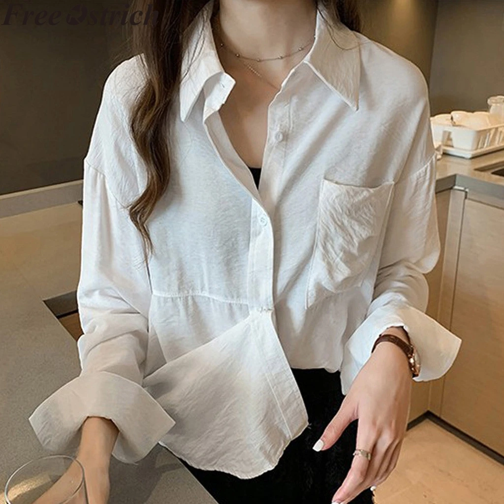 Женская офисная блузка с длинным рукавом однотонная свободная деловая белая