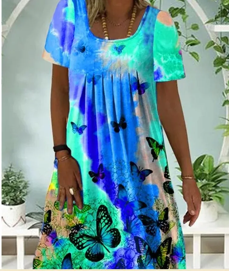 

Women Short Sleeve Dress O Neck Pleated Dress Butterfly Printed Gradient Dress Casual Fashion Style Summer Comfortable Pullover