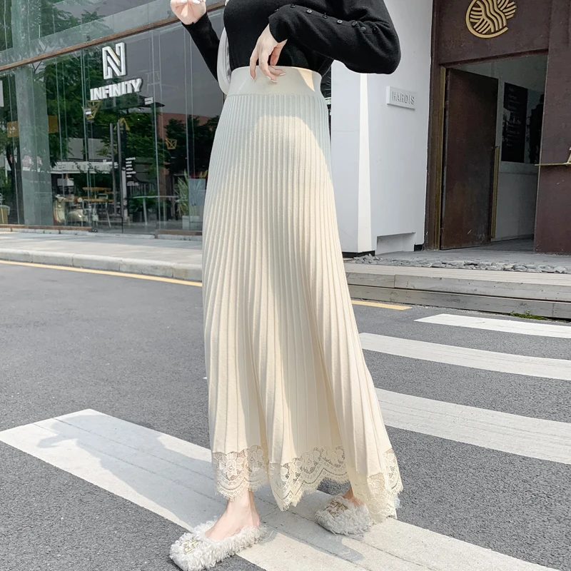 

Женская трикотажная юбка-макси с высокой талией, длинная Плиссированная юбка-трапеция с эластичным поясом, вязаная крючком, осень 2021