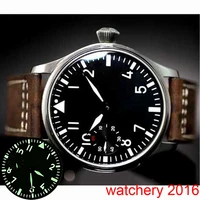 44mm black sterile dial luminous hands 17 jewels 6497 movement manual mechanical mens watch leather strap