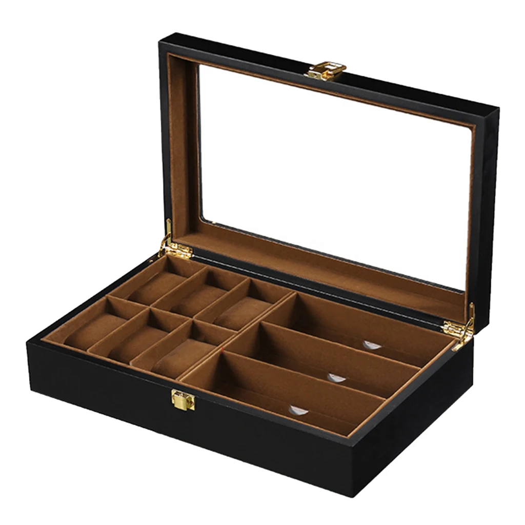 

Wooden 9 Slots Wrist Watch Glasses Box Velvet Pillow Holder Display Organizer