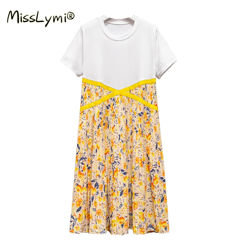 

4XL Plus Size Women Bohemian Holiday Dress Summer 2021 Cotton Short Sleeve Patchwork Ribbon Loose Casual Floral Pleated Dresses