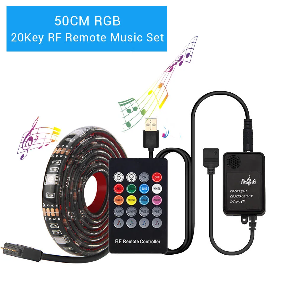 50CM RGB 20Key Светодиодная лента RGB 5050 с питанием от USB, 20Key, светодиодный музыкальный контроллер RGBW, Bluetooth, 40Key, светодиодная Диодная лента для телевизора, компьютера, подсветка - Испускаемый цвет: 50CM RGB 20Key