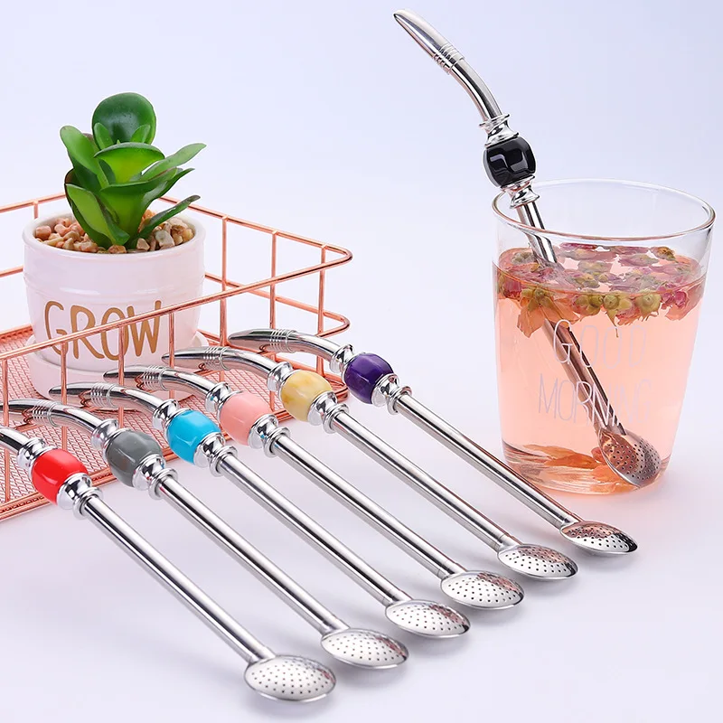

304 Stainless Steel Drinking Accessories Teapot for Tea Straw Strainer With Bead Creative Straw With Filter Tea Set Accessories
