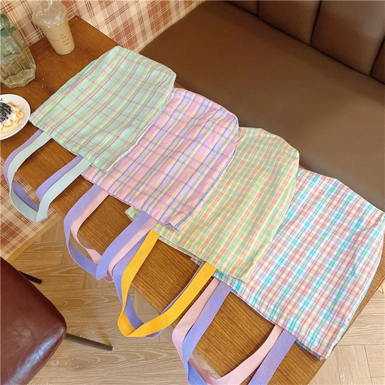 

Plaid Ladies Reusable Shopping Bag Fashion Design Women Cotton Shoulder Bag Lovely Student Girls Small Casual Tote Purse Handbag