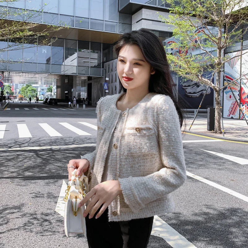 Изысканное твидовое женское свободное универсальное пальто из ткани и шерсти