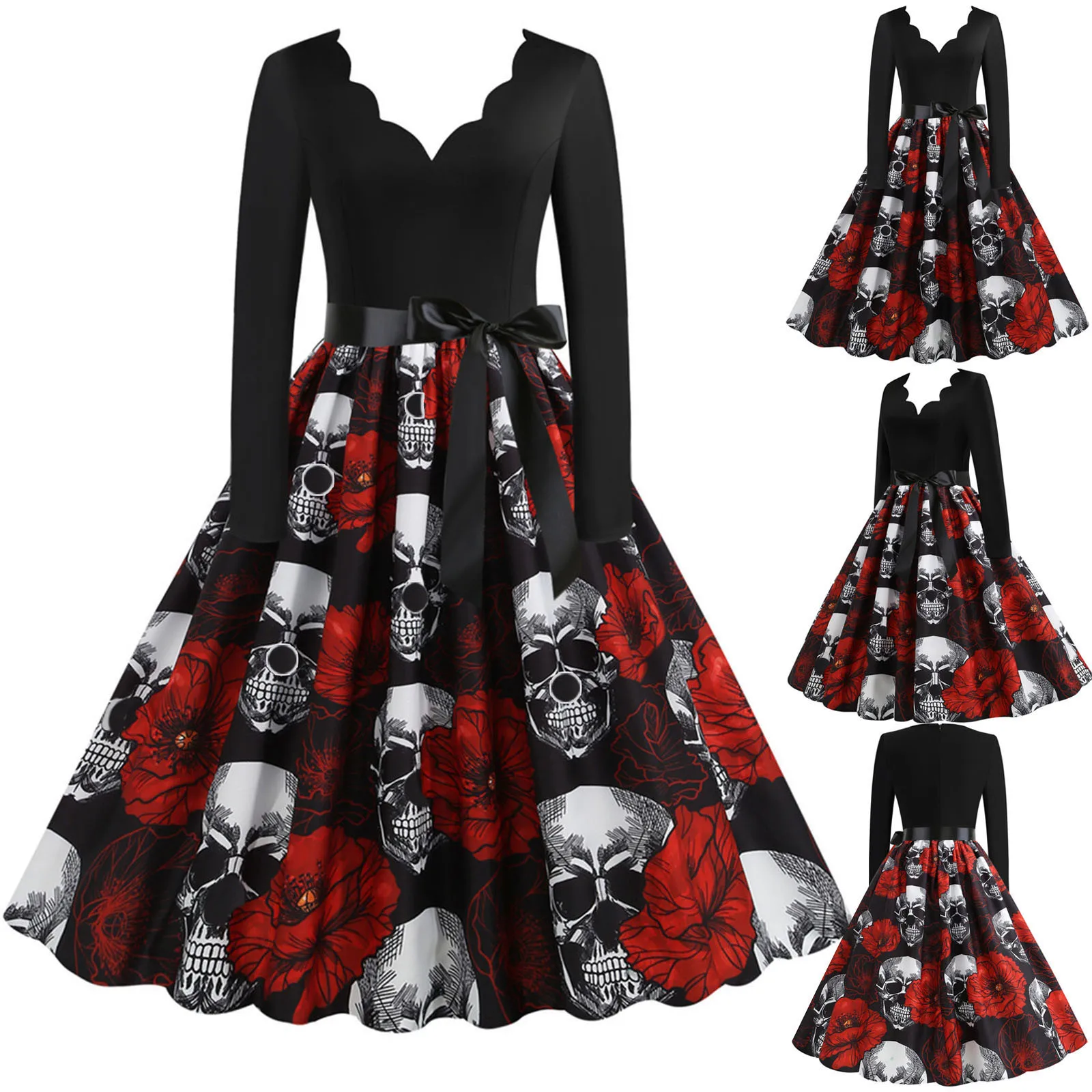 Skull Print Halloween Costumes For Women Long Sleeve 1950s Housewife Evening Party Prom Dress Elegant Scary Cosplay Costumes
