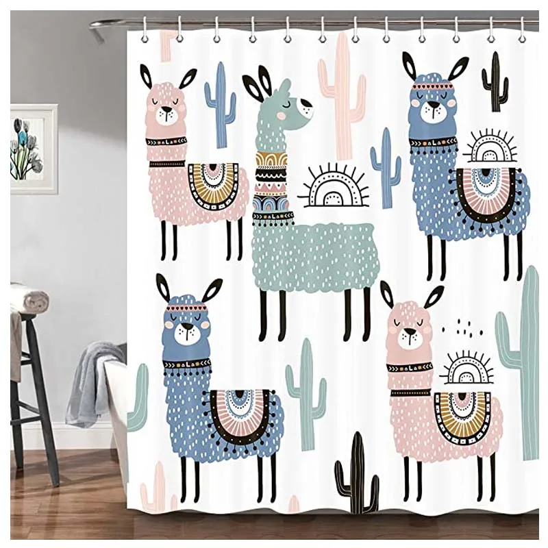 

Cute Lama Alpaca Shower Curtains for Bathroom, Fun Kids Cartoon Animals Colorful Llama Cactus Bath Decor Fabric Shower Curtain