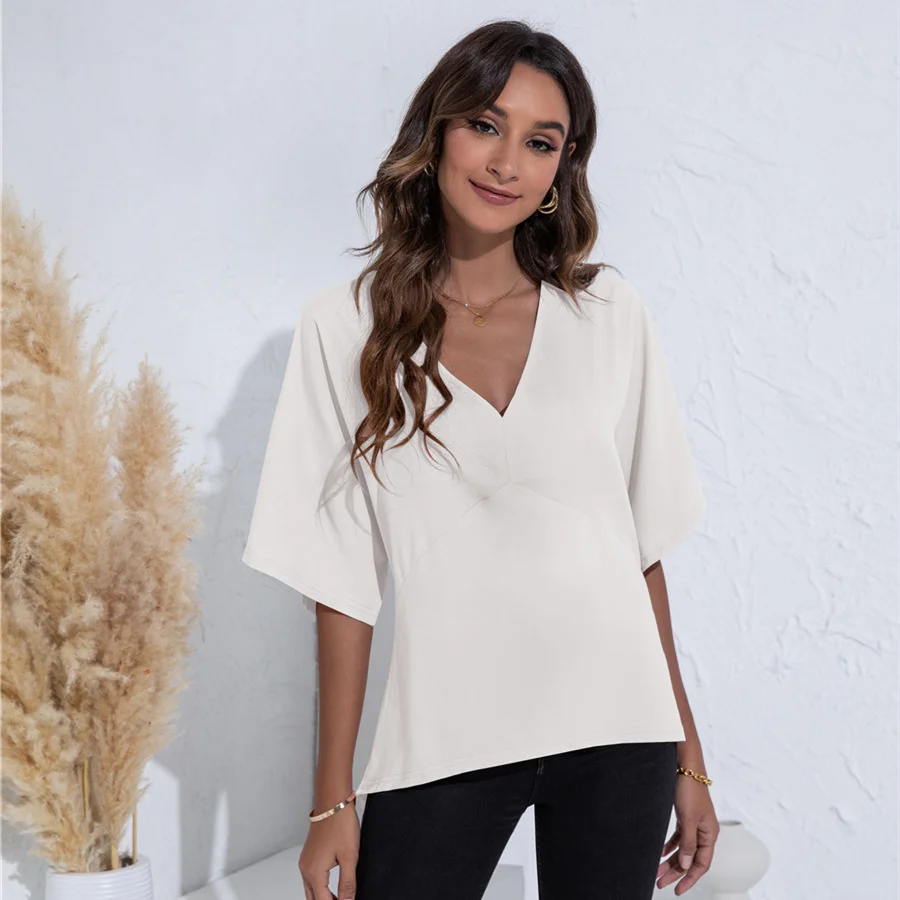 

2021 Летние Женские однотонные Цвет шифоновые Блузы с рукавом летучая мышь, с v-образным вырезом горловины, короткий рукав футболки свободног...