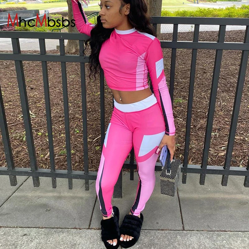 

Color Blocking Printed Skinny Fitness Tracksuit Outfits Women Elasticity T-Shirts Tops And Pants Leggings Two Pices Set