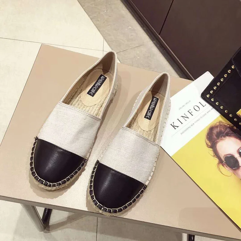 Черный Fashion Hemp Loafers Women Espadrilles Flats Shoes Sewing Rhinestone Round Toe Ladies Casual Moccasins Slip On Brand Style New - Цвет: Черный