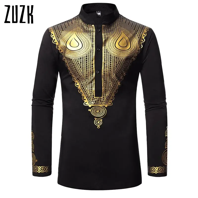 Роскошная рубашка в африканском стиле с золотым принтом мужские рубашки