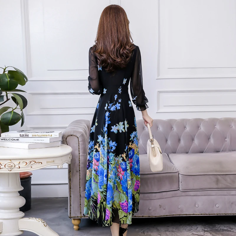 

2019 Autumn New Arrival Plus Size M-4XL Korean Square Collar Flower Printed Long Sleeve Woman Chiffon Long Dress