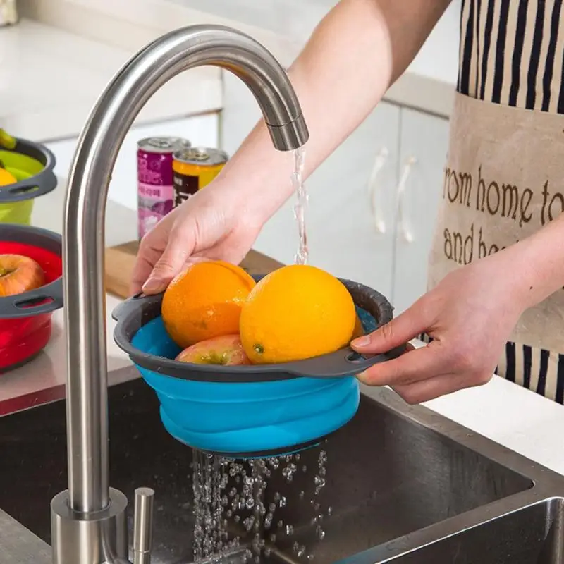 Silicone Foldable Drain Basket Strainer Collapsible Drainer Vegetable Fruit Washing Colander With Handle Kitchen Gadget Tools |