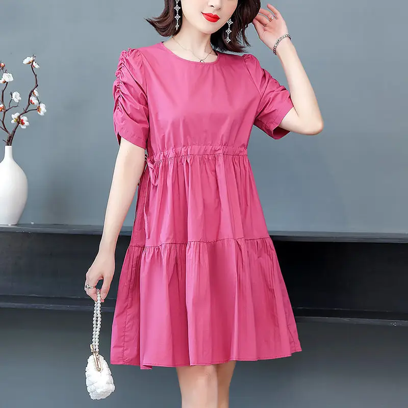 

2021 New Fashion Women's Solid Color Dress Female Casual Style Summer O-Neck Dresses
